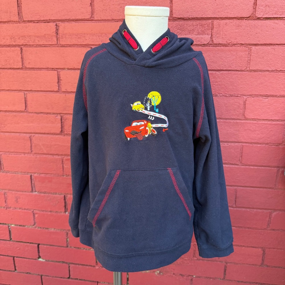 Vtg Y2K Disney Cars Lightning McQueen Fleece Hoodie Boys Size 5 Navy Embroidered